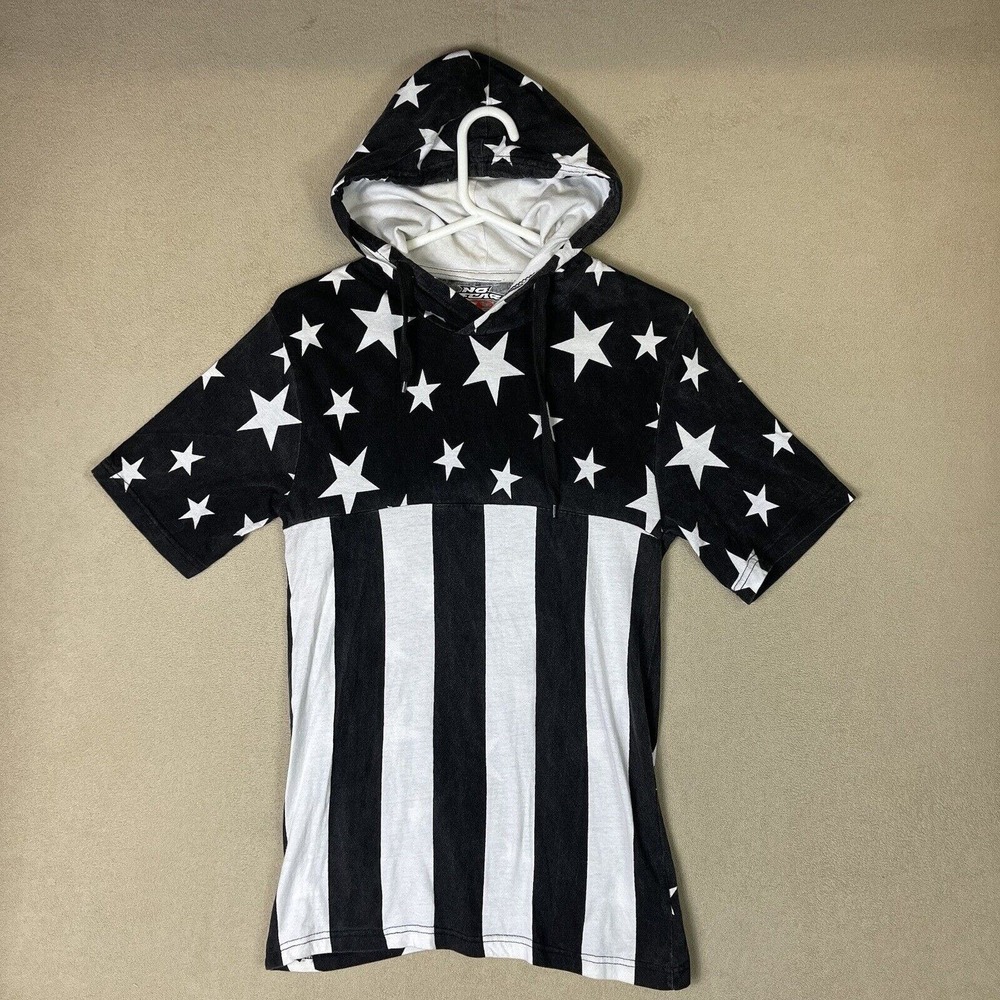 No Fear Y2K Shirt Mens Small Black White American Flag‎ Hoodie T-Shirt Adult
